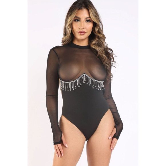Women's Rhinestone Underboob Trimmed Bodysuit Long Sleeve Sexy Cute Lightweight - Picture 11 of 11